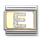 Nomination Composable Classic Link 030291/05 Silver Letter E in 18K Gold & Glitter Enamel